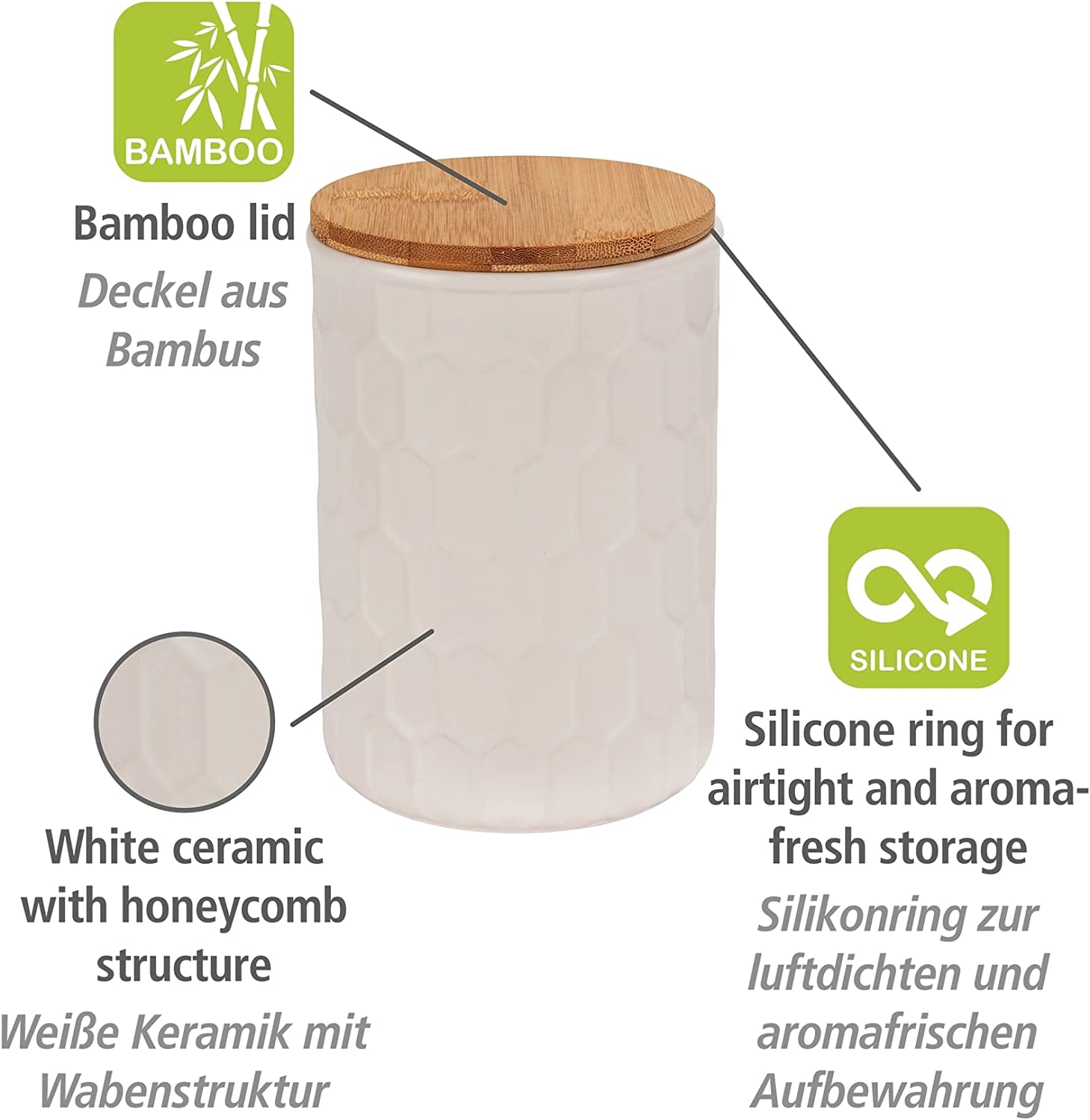 Aufbewahrungsdose Maya aus hochwertiger weißer Keramik mit Wabenstruktur, spülmaschinengeeignete Dose mit luftdicht verschließbarem Deckel aus Bambus, FSC® zertifiziert, 900 ml, Ø 11 x 16 cm