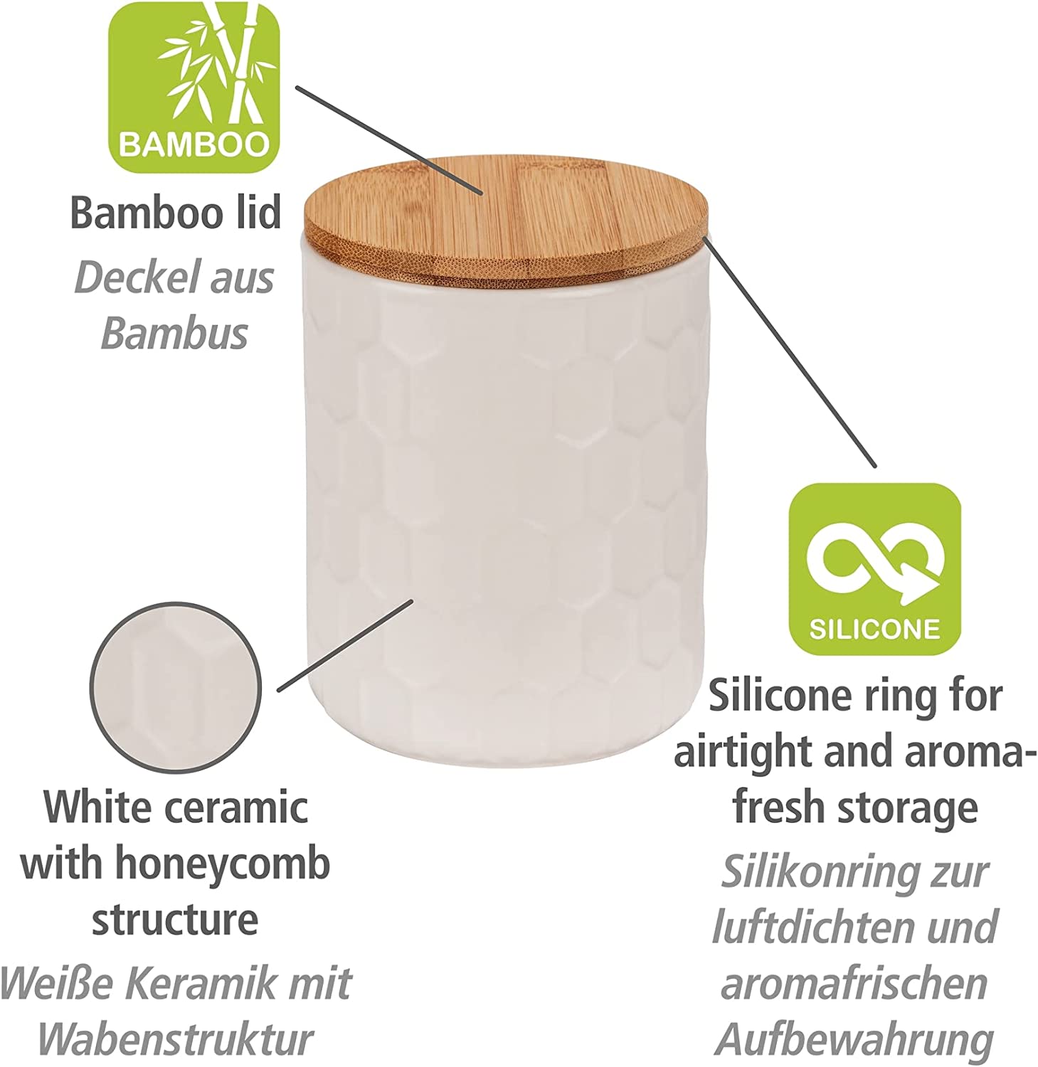 Aufbewahrungsdose Maya aus hochwertiger weißer Keramik mit Wabenstruktur, spülmaschinengeeignete Dose mit luftdicht verschließbarem Deckel aus Bambus, FSC® zertifiziert, 400 ml, Ø 9,5 x 12 cm