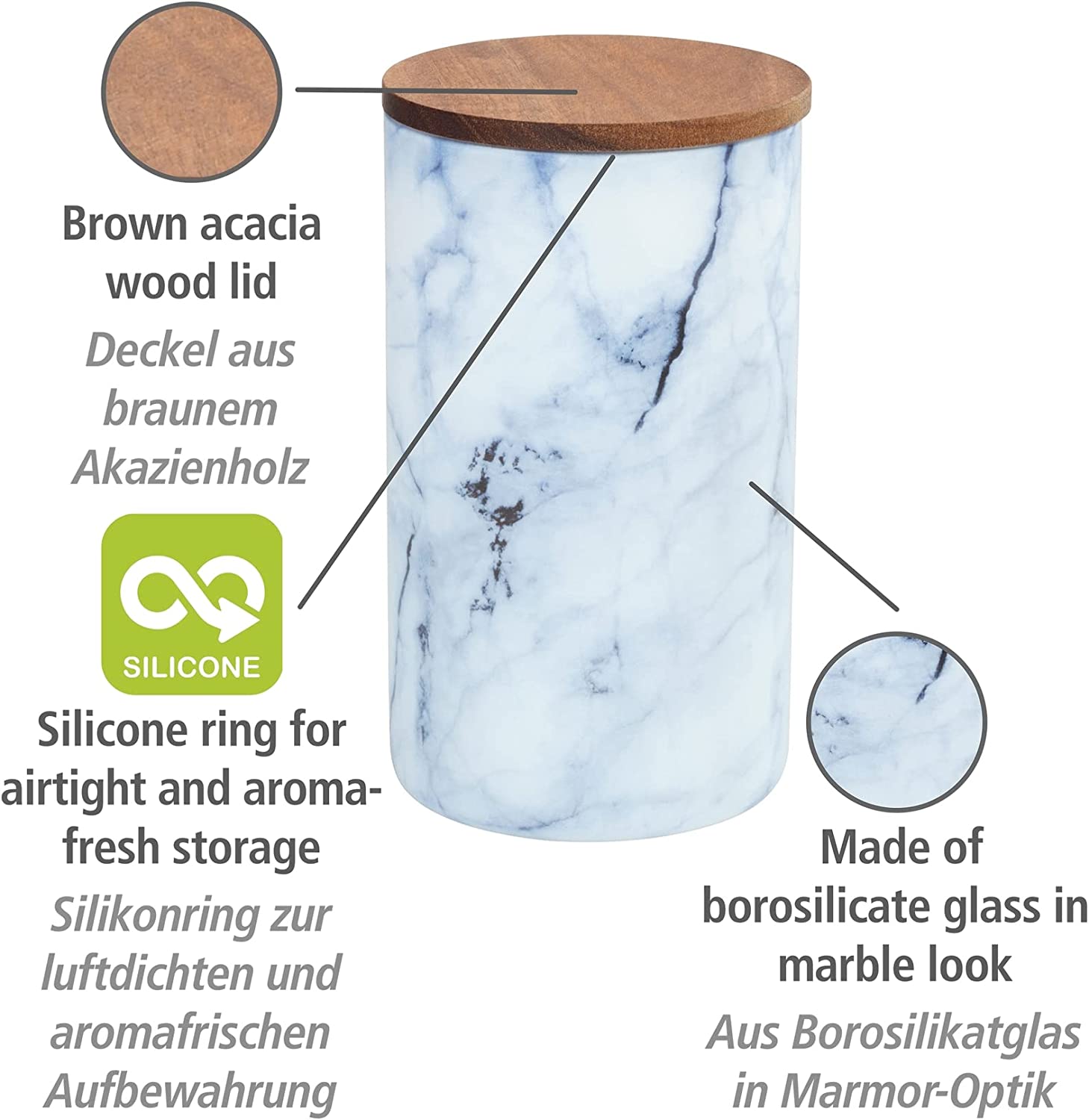 Aufbewahrungsdose Mio, Vorratsdose aus Borosilikatglas in Marmor-Optik in Blau/Weiß mit luftdicht verschließbarem Deckel aus FSC® zertifiziertem braunen Akazienholz, 1,4 L, Ø 11 x 19 cm