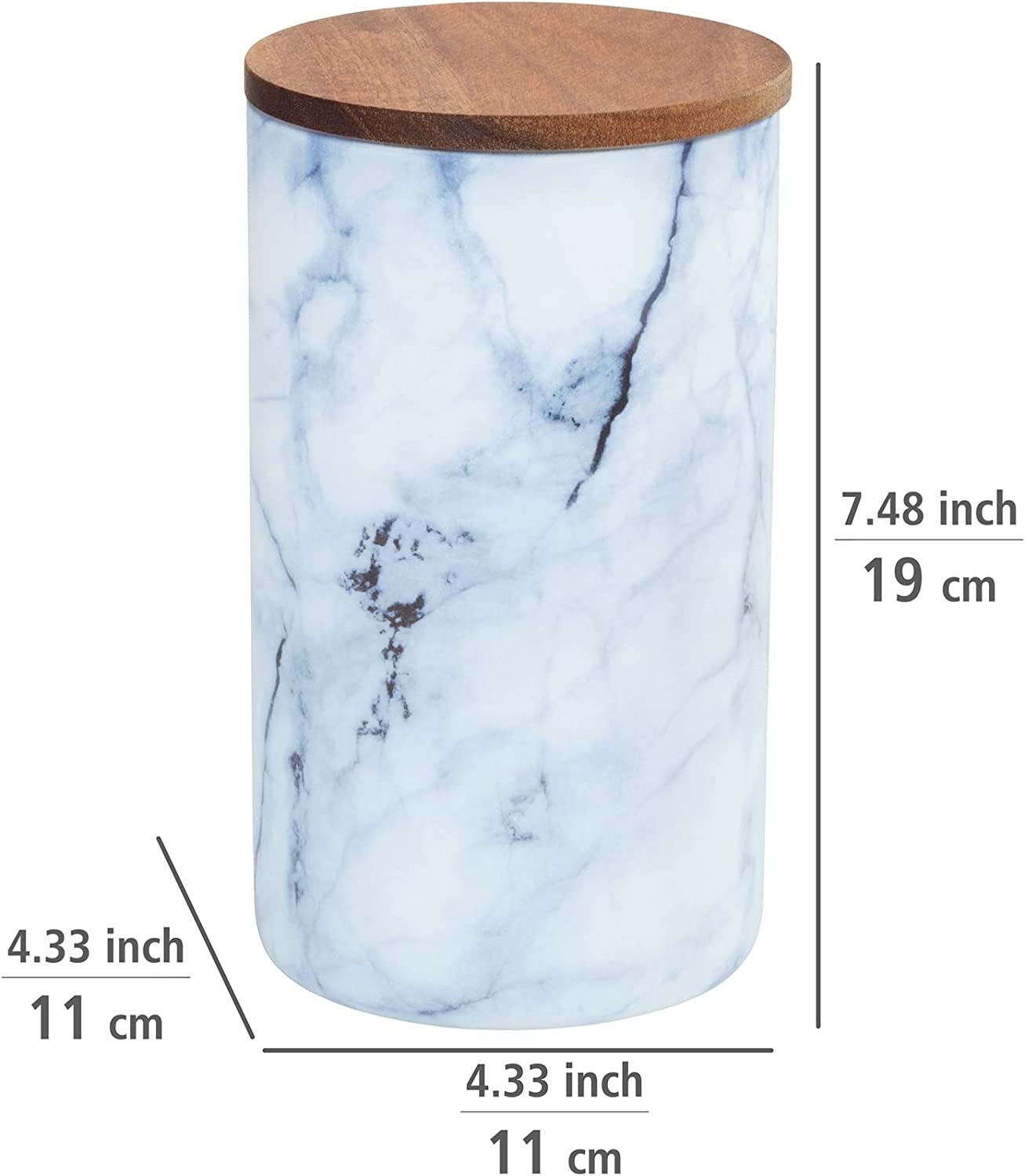 Aufbewahrungsdose Mio, Vorratsdose aus Borosilikatglas in Marmor-Optik in Blau/Weiß mit luftdicht verschließbarem Deckel aus FSC® zertifiziertem braunen Akazienholz, 1,4 L, Ø 11 x 19 cm