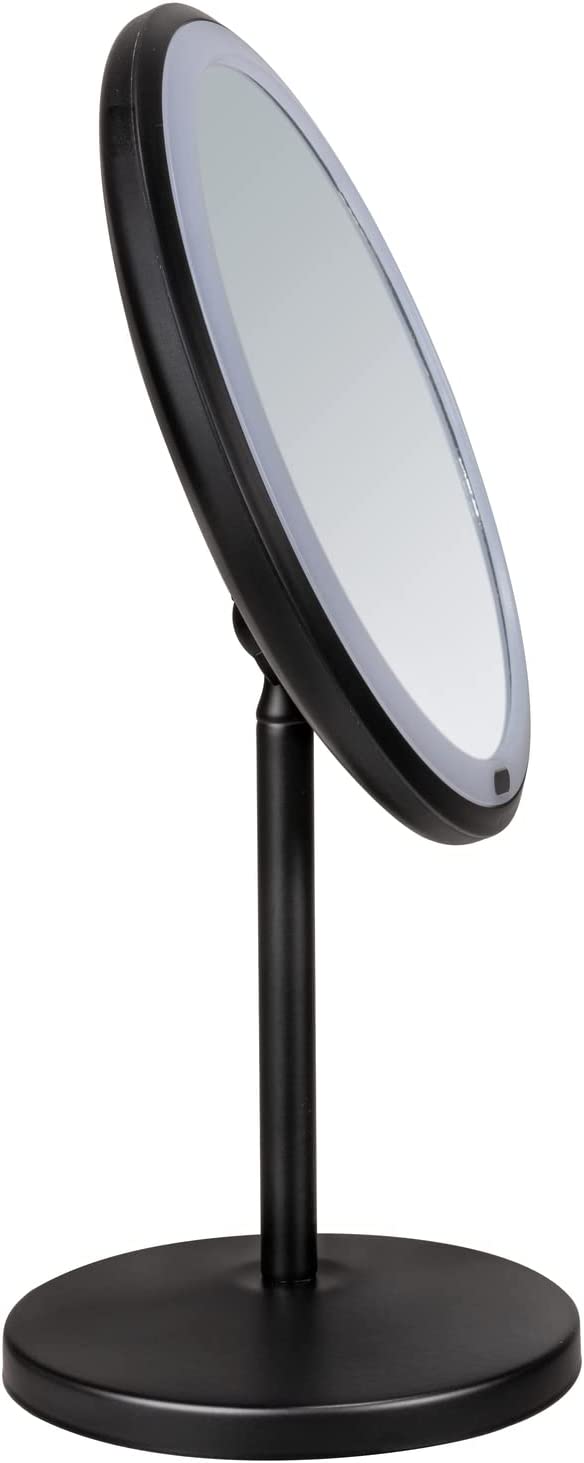 LED Stand-Kosmetikspiegel Onno, dimmbarer Spiegel mit LED-Beleuchtung und 5-fach Vergrößerung, Ein-/Ausschalten per Touch-Funktion, Betrieb mit Batterien oder USB-Kabel, 20x34x13,5 cm, Schwarz