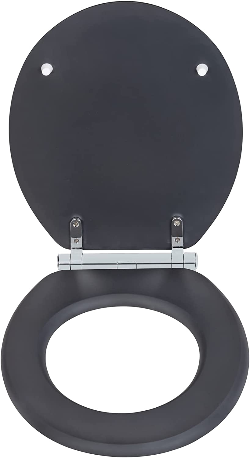 WC-Sitz Morra, Toilettensitz mit durchgehendem Scharnier & Absenkautomatik aus mehrfach lackiertem FSC®-zertifiziertem MDF, WC-Deckel mit Fix-Clip Hygienebefestigung, 35 x 42 cm, Anthrazit matt