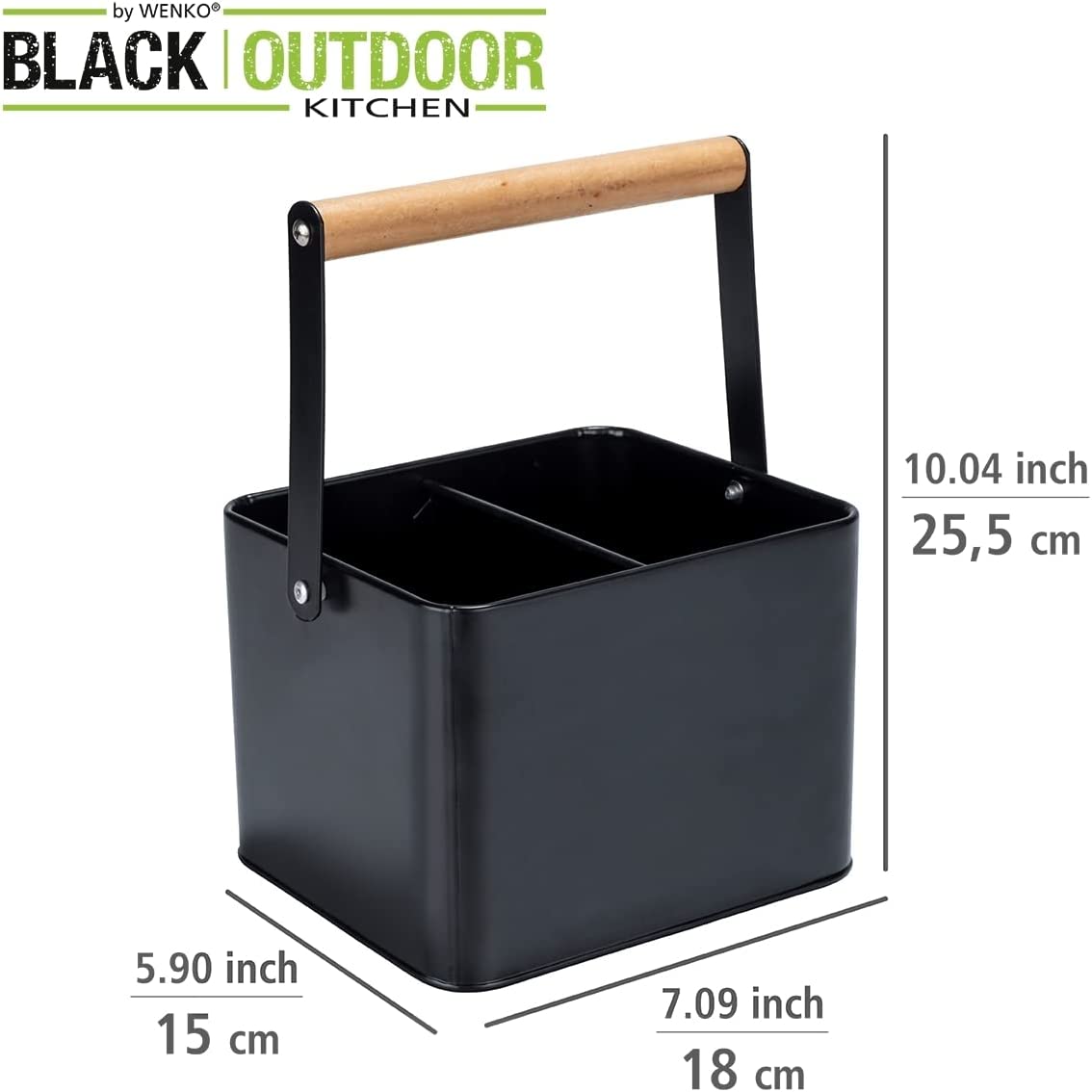 Utensilienkorb Baco, Black Outdoor Kitchen Zubehör, robuster Tragekorb aus pulverbeschichtetem schwarzem Metall mit flexiblem Holzgriff, ideal für den Transport von Saucen, 18 x 25,5 x 15 cm