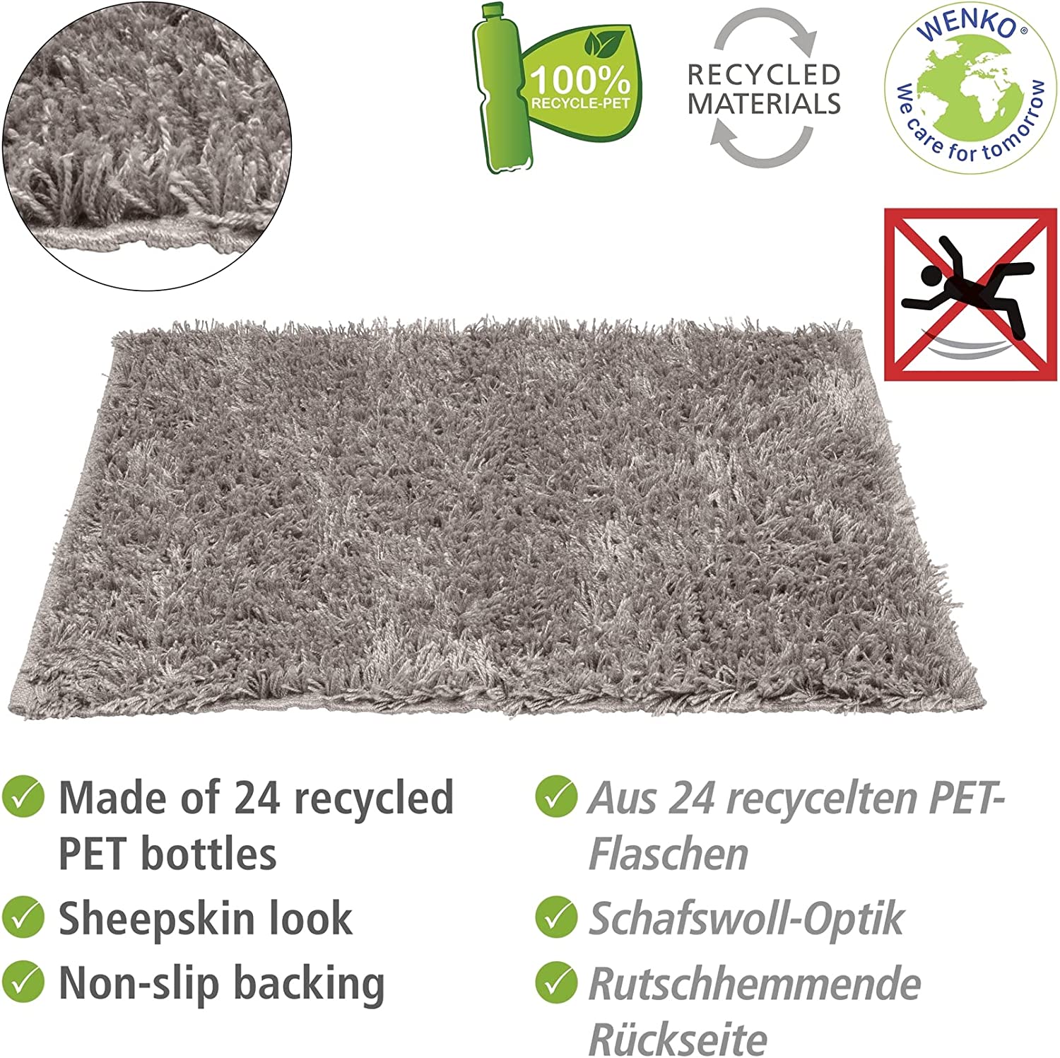 Badematte Lanas, nachhaltiger Badteppich hergestellt aus recycelten PET Flaschen in Schafswoll-Optik mit rutschhemmender Unterseite, Teppich waschbar bis 40 °C, Maße (B x H): 60 x 90 cm, Taupe