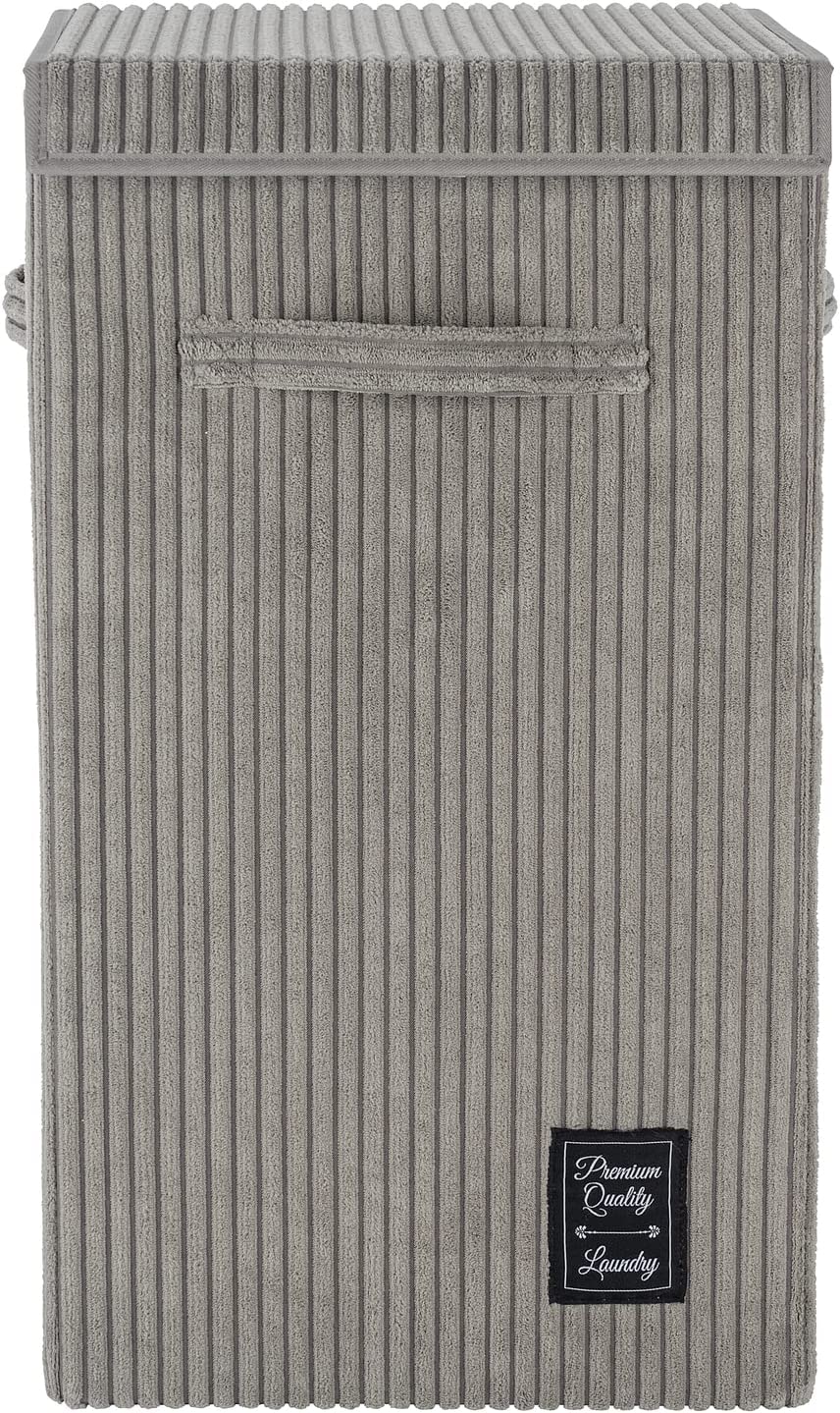 Wäschesammler Cora Grau, moderner Wäschekorb aus flauschigen Cord, mit Klettverschluss-Deckel und 3 Tragegriffen, 63 Liter Fassungsvermögen, 33 x 58 x 33 cm, 100% Polyester