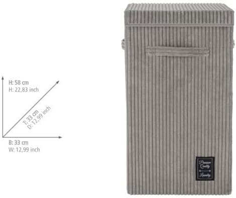 Wäschesammler Cora Grau, moderner Wäschekorb aus flauschigen Cord, mit Klettverschluss-Deckel und 3 Tragegriffen, 63 Liter Fassungsvermögen, 33 x 58 x 33 cm, 100% Polyester