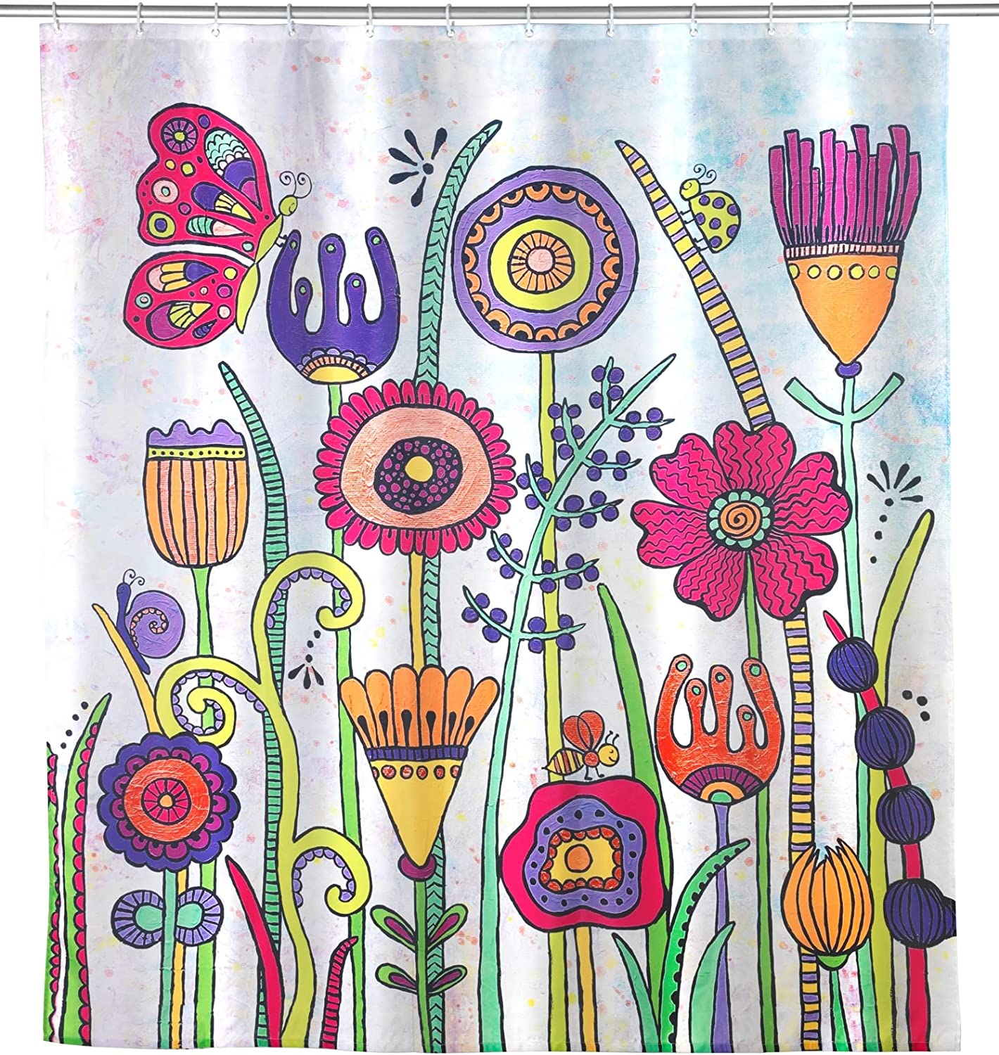 Duschvorhang Rollin'Art Full Bloom, wasserabweisende Textil-Duschabtrennung aus 100 % Polyester mit Blumenwiese-Motiv & Gewichtsband, waschbar bei 30°C, inkl. 12 Duschvorhangringen, 180 x 200 cm