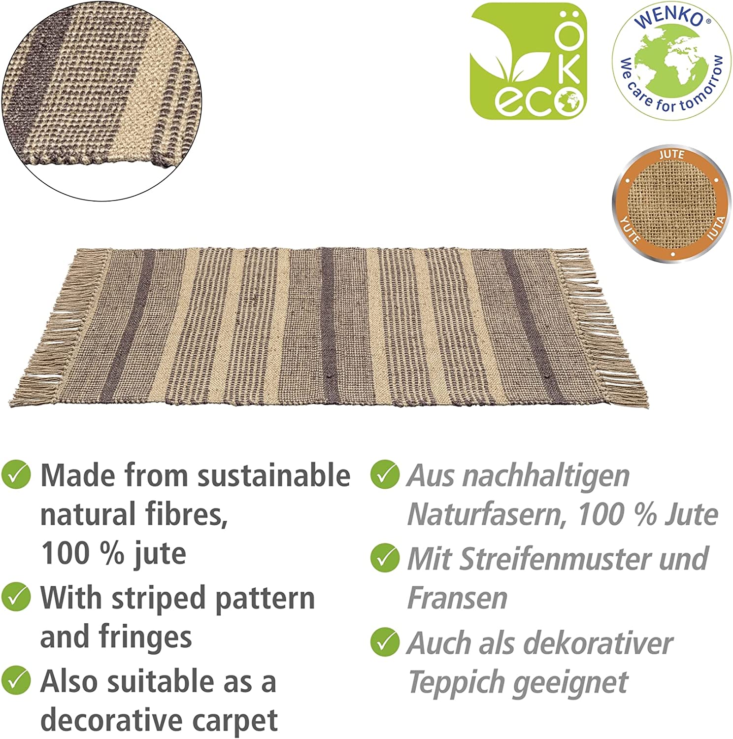 Badematte Sambu, Bad-Teppich aus nachhaltigen Naturfasern (100 % Jute) mit Streifenmuster und Fransen als Duschvorleger oder dekorativer Teppich, recycelbar, (B x T): 50 x 80 cm, Natur