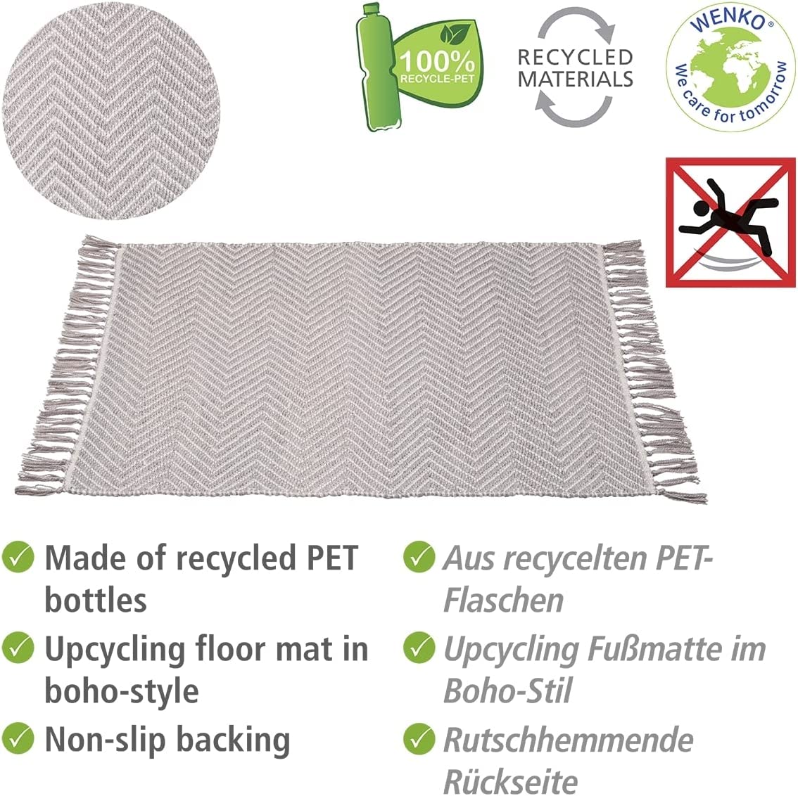 Badematte Gata, nachhaltiger Badteppich hergestellt aus recycelten PET Flaschen im trendigen Ethno-Style mit rutschhemmender Unterseite, waschbar bis 40°C, (B x H): 50 x 80 cm, Grau/Weiß