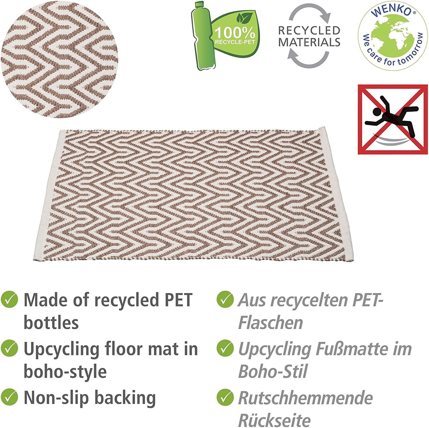 Badematte Altai, nachhaltiger Badteppich hergestellt aus recycelten PET Flaschen im trendigen Ethno-Style mit rutschhemmender Unterseite, waschbar bis 40°C, (B x H): 50 x 80 cm, Beige/Weiß