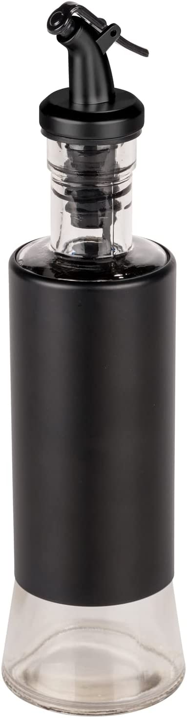 Öl & Essig Spender Boga, 300 ml, Ausgießer mit 1-Klick Verschluss für feine Dosierung, Glasflasche mit Verkleidung aus rostfreiem Edelstahl & Kunststoff-Deckel, Ø 6 x 25 cm, Transparent/Schwarz