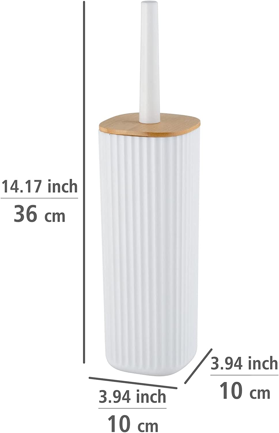 WC-Garnitur Rotello, geschlossener WC-Bürstenhalter aus hochwertigem Kunststoff mit Bambus-Deckel und Rillenstruktur, Ø 10 x 36 cm, inklusive WC-Bürste, Bürstenkopf auswechselbar, Weiß/Natur