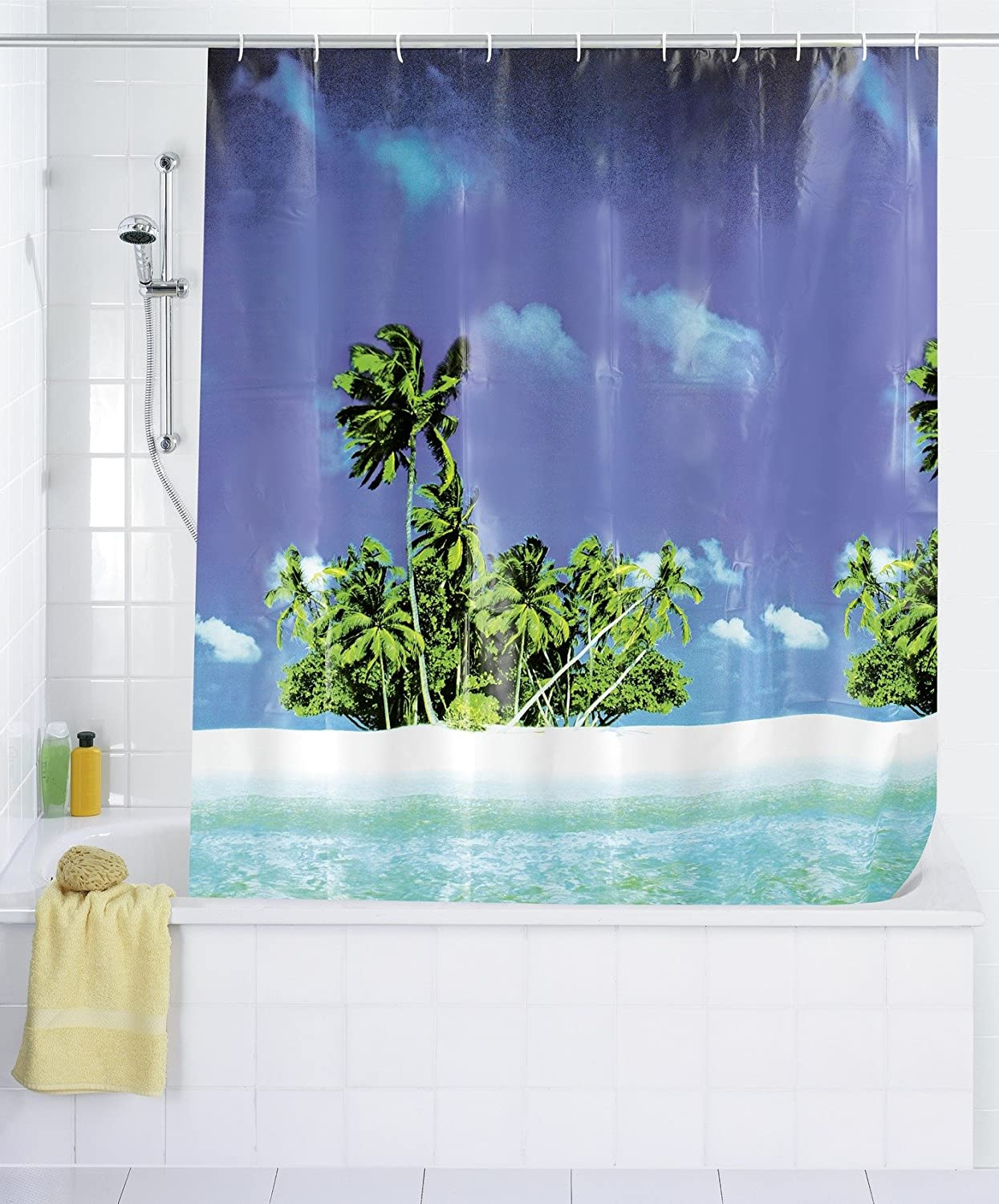 Duschvorhang Palmenstrand - wasserdicht, pflegeleicht, Polyethylen-Vinylacetat, 180 x 200 cm, Mehrfarbig
