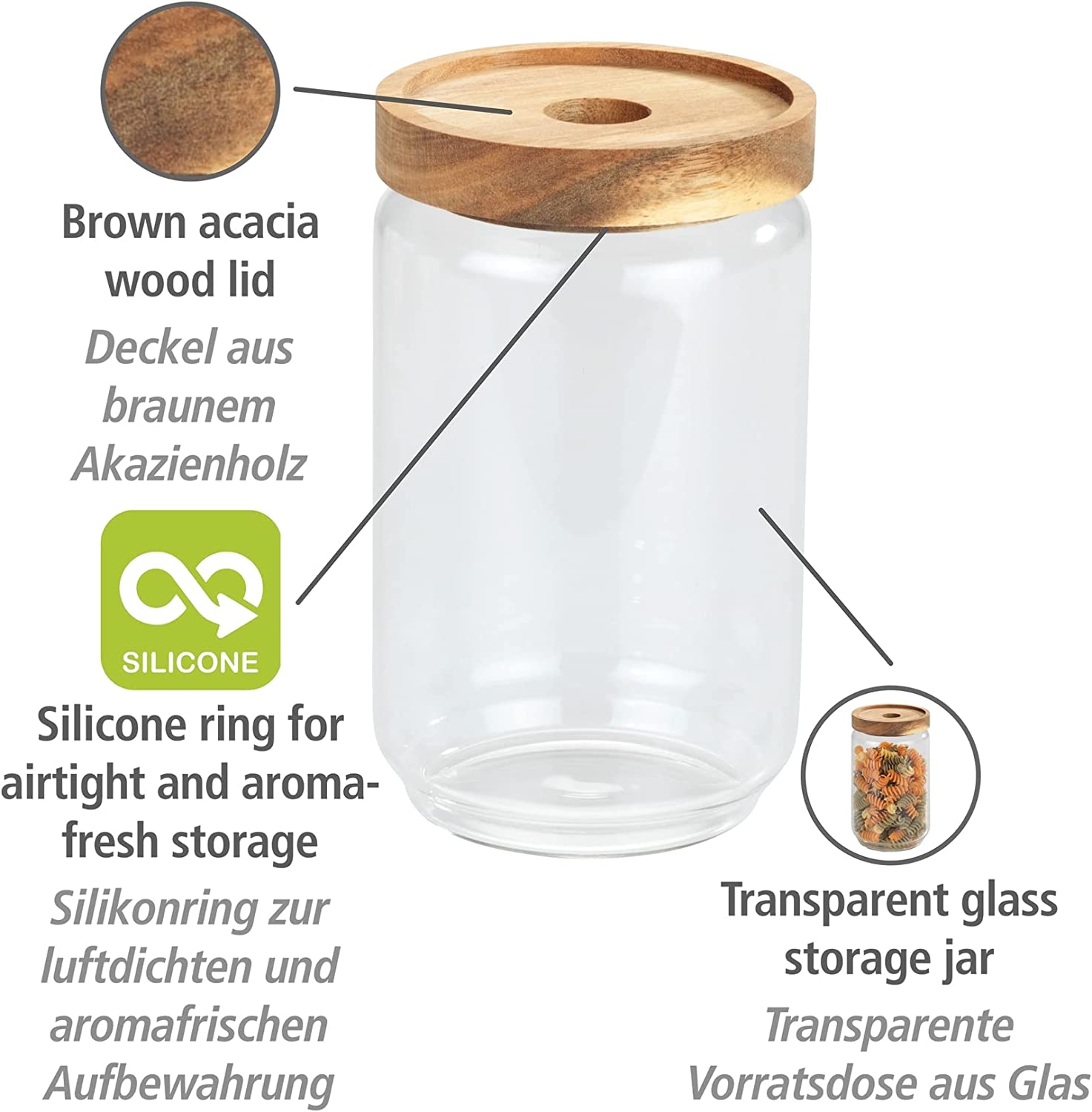 Aufbewahrungsdose Vido, 700 ml, transparente Vorratsdose aus Glas versehen mit einem luftdich verschließbaren Deckel aus Akazienholz, FSC® zertifiziert, platzsparend stapelbar, Ø 9 x 15,5 cm