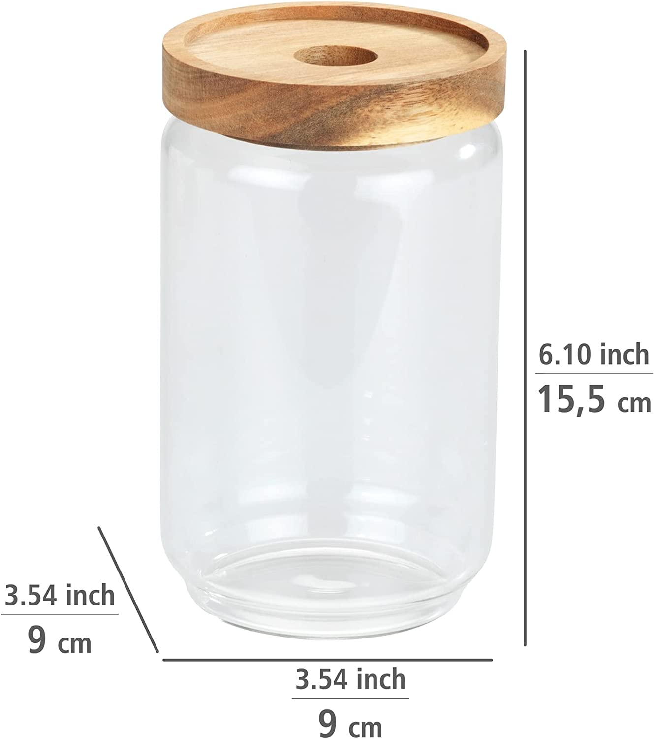 Aufbewahrungsdose Vido, 700 ml, transparente Vorratsdose aus Glas versehen mit einem luftdich verschließbaren Deckel aus Akazienholz, FSC® zertifiziert, platzsparend stapelbar, Ø 9 x 15,5 cm