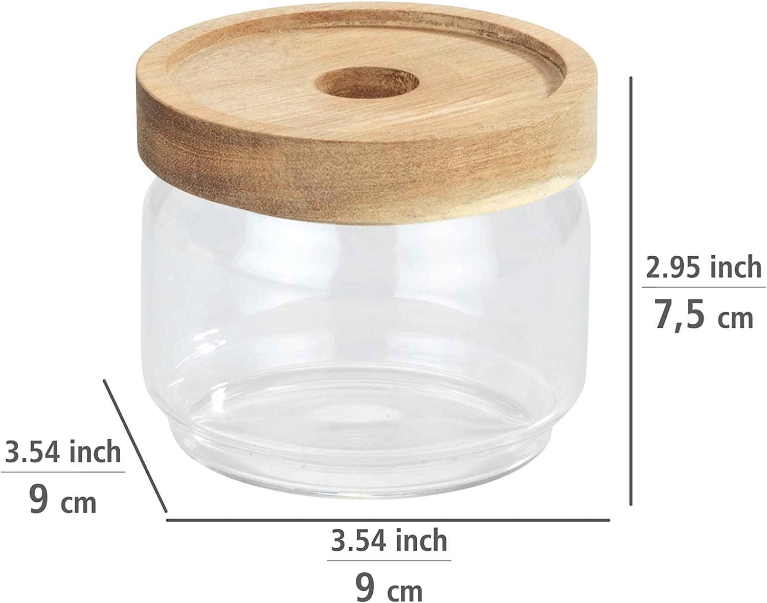 Aufbewahrungsdose Vido, 300 ml, transparente Vorratsdose aus Glas versehen mit einem luftdich verschließbaren Deckel aus Akazienholz, FSC® zertifiziert, platzsparend stapelbar, Ø 9 x 7,5 cm