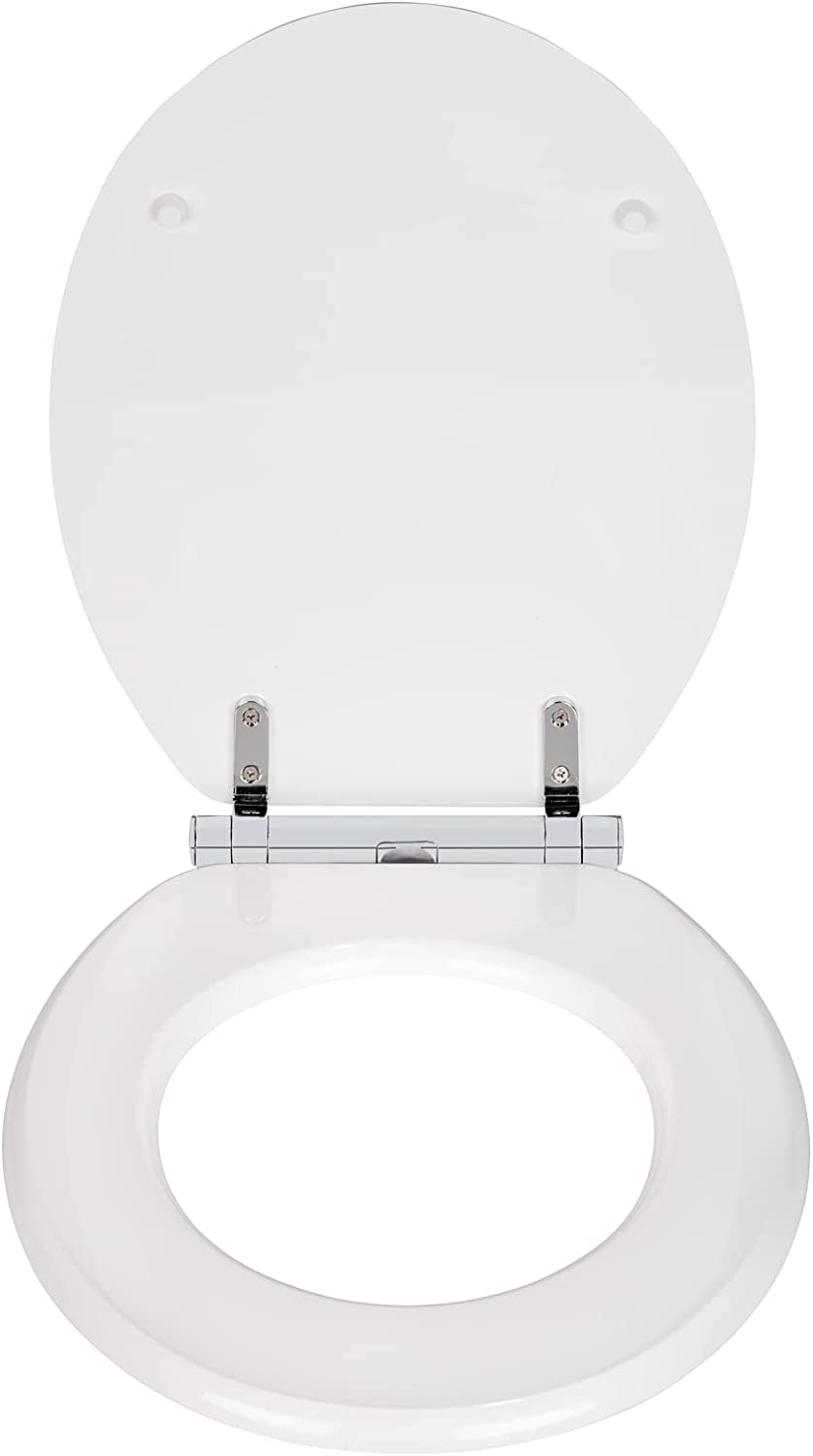 WC-Sitz Morra, Toilettensitz mit durchgehendem Scharnier und Absenkautomatik aus mehrfach lackiertem FSC®-zertifiziertem MDF, WC-Deckel mit Fix-Clip Hygienebefestigung, 35 x 42 cm, Weiß glänzend