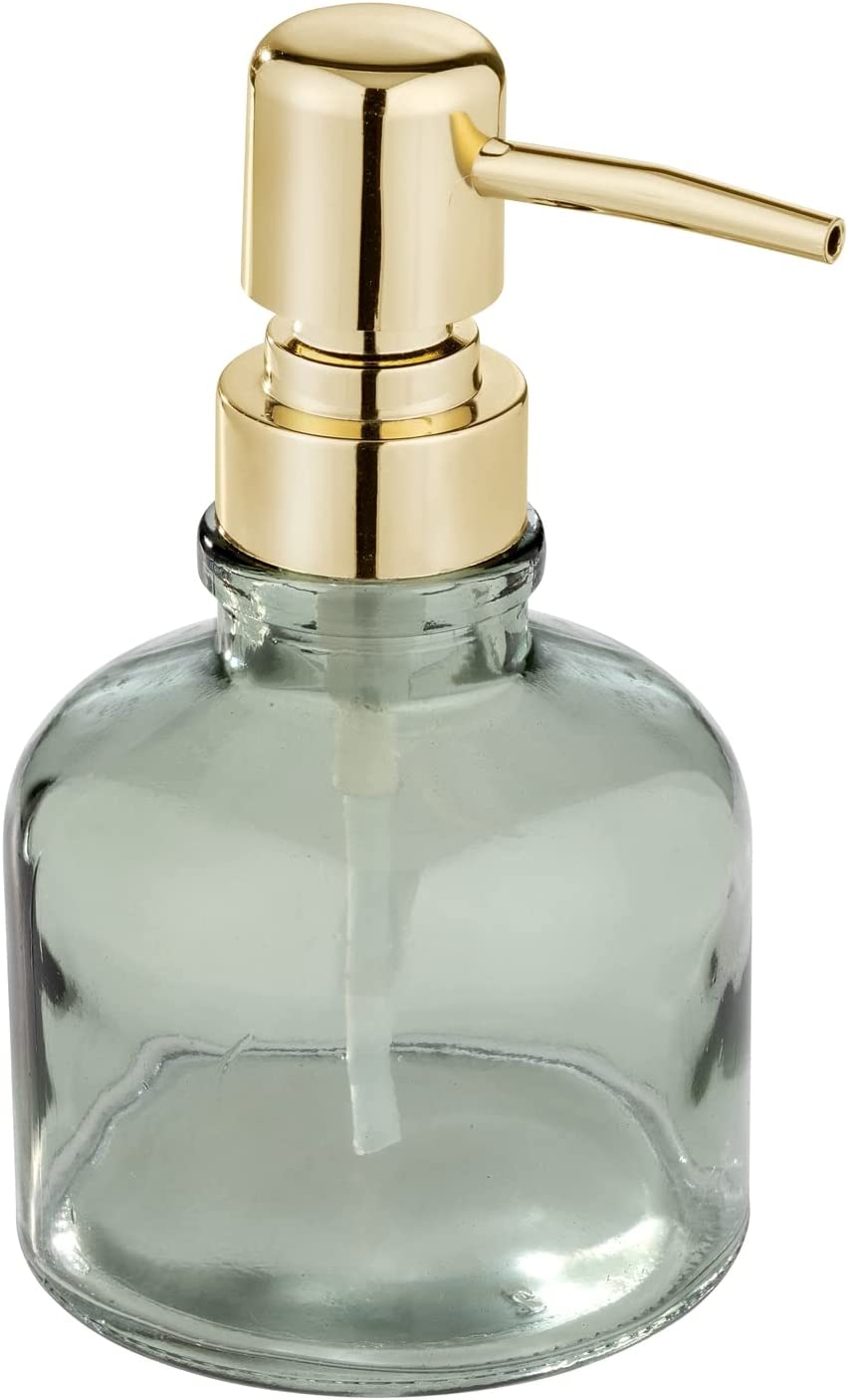 Seifenspender Atessa Mint, zierlicher Pumpspender aus Glas mit goldenem Pumpkopf, nachfüllbar mit bis zu 200 ml Flüssigseife, kleiner Seifendosierer ideal für das Waschbecken im Bad, Ø 8 x 14 cm