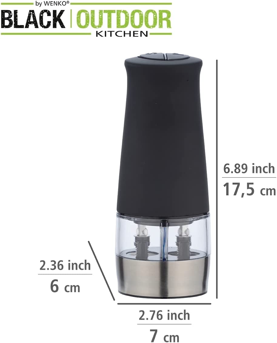 Salz- & Pfeffermühle, Black Outdoor Kitchen Gewürzmühle mit zwei getrennten Kammern für Salz und Pfeffer, LED-Beleuchtung und Keramikmahlwerk, einfache Bedienung per Knopfdruck, 7 x 17,5 x 6 cm