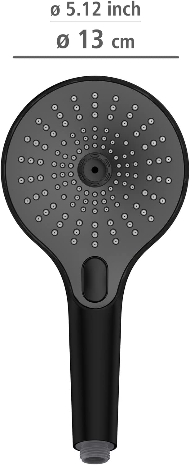 Duschkopf Ultimate Shower, Handbrause mit 3 Funktionen, spritzwasserarm und leise in der Funktion, aus Kunststoff mit ½“ Universalanschluss, für Durchlauferhitzer geeignet, Ø 13 cm, Schwarz/Grau