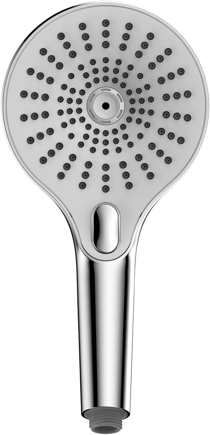 Duschkopf Ultimate Shower, Handbrause mit 3 Funktionen, spritzwasserarm und leise in der Funktion, aus Kunststoff mit ½“ Universalanschluss, für Durchlauferhitzer geeignet, Ø 13 cm, Chrom/Weiß