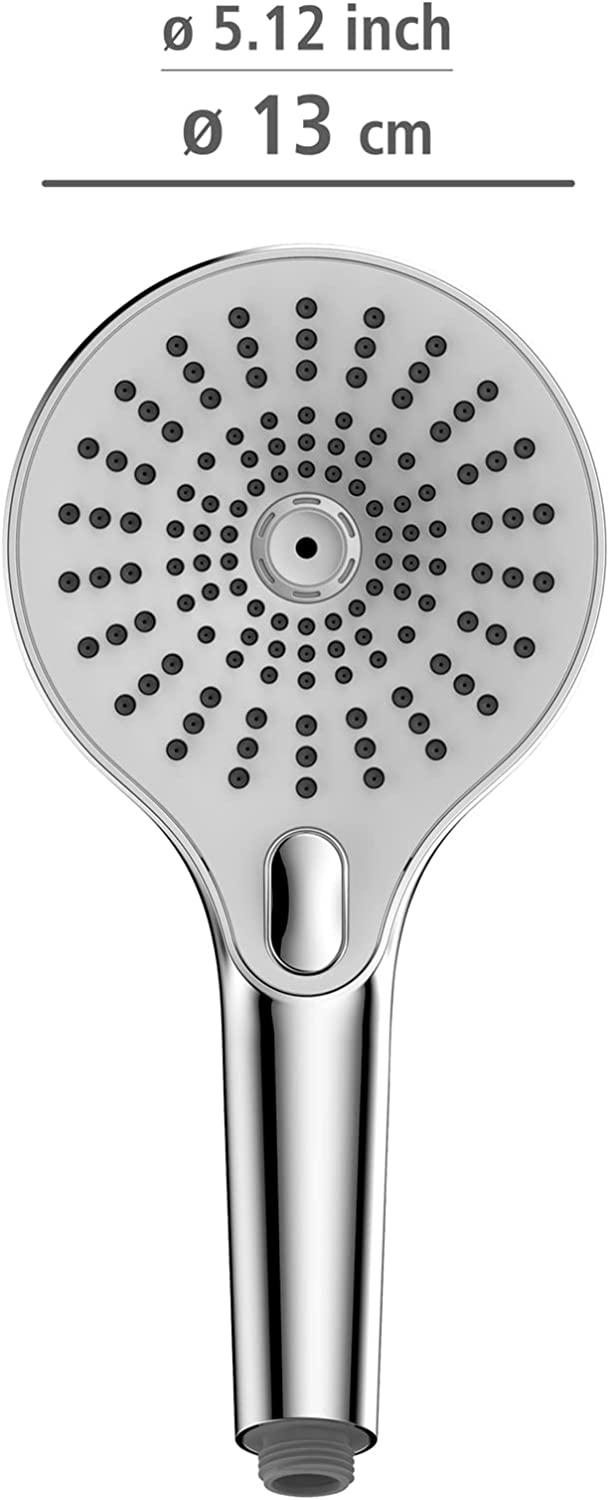 Duschkopf Ultimate Shower, Handbrause mit 3 Funktionen, spritzwasserarm und leise in der Funktion, aus Kunststoff mit ½“ Universalanschluss, für Durchlauferhitzer geeignet, Ø 13 cm, Chrom/Weiß
