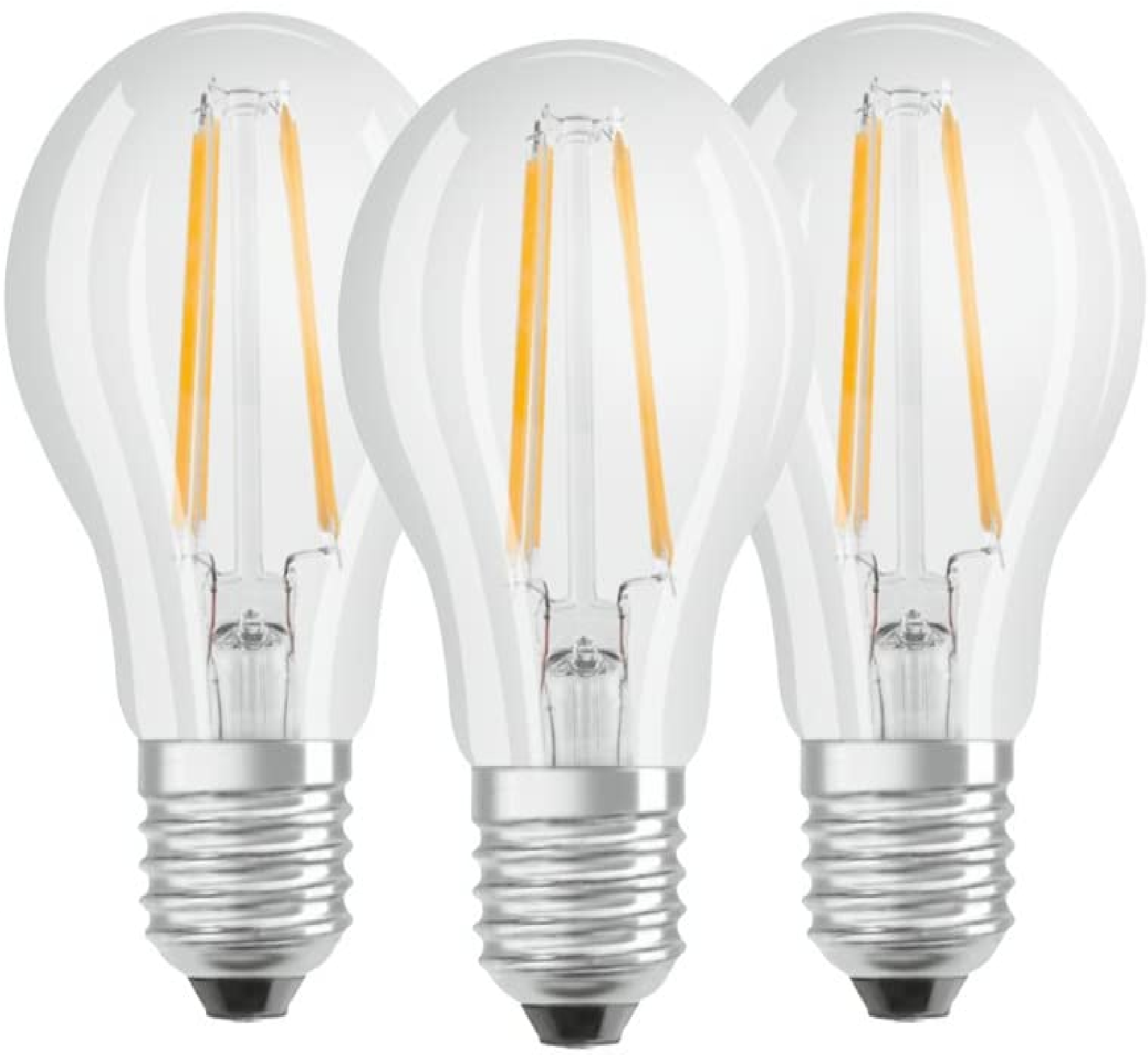 LED Base Classic A Lampe, in Kolbenform mit E27-Sockel, nicht dimmbar, Ersetzt 60 Watt, Filamentstil Klar, Warmweiß - 2700 Kelvin, 3er-Pack [Energieklasse E]