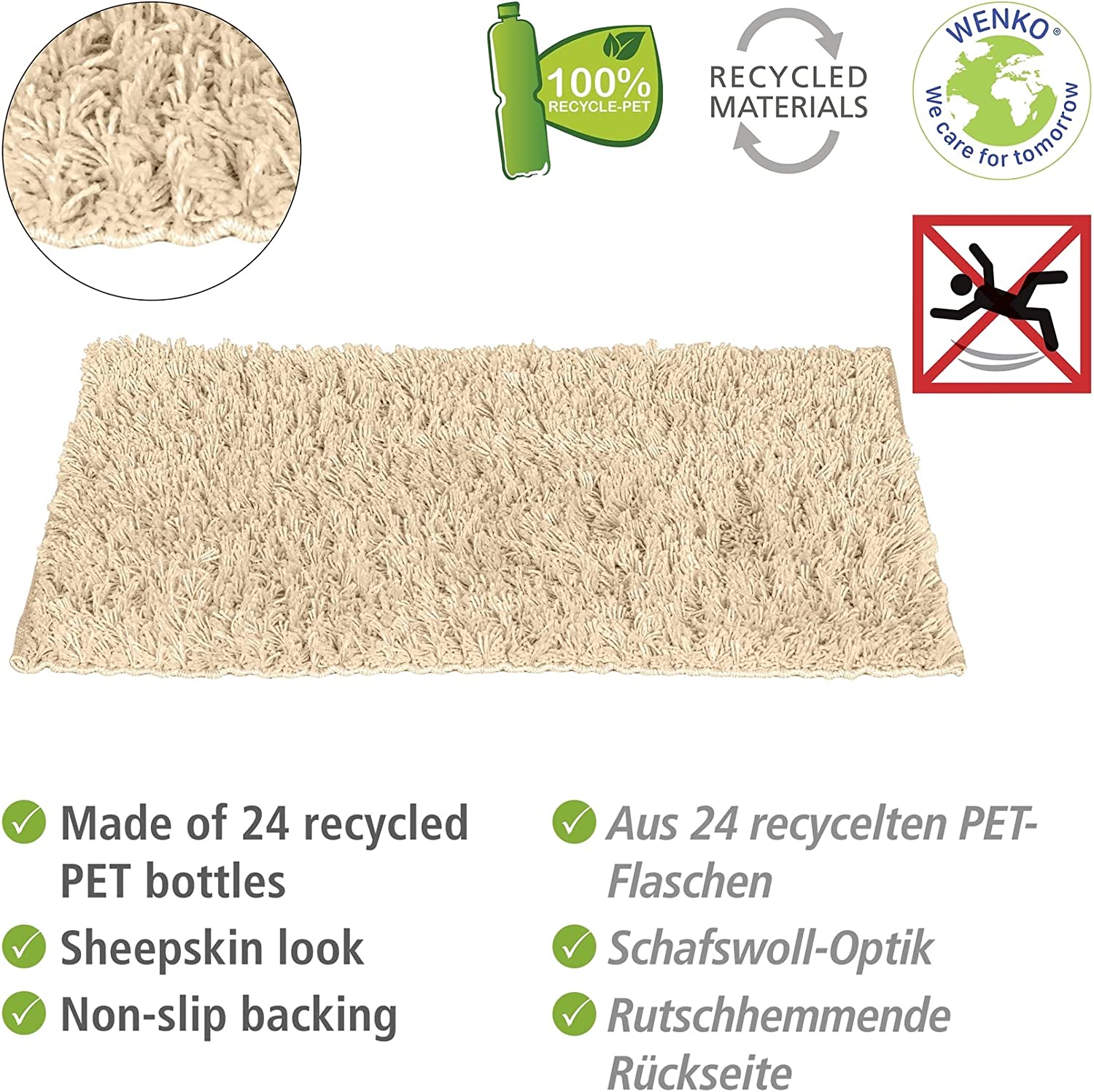 Badematte Lanas, nachhaltiger Badteppich hergestellt aus recycelten PET Flaschen in Schafswoll-Optik mit rutschhemmender Unterseite, Teppich waschbar bis 40 °C, Maße (B x H): 60 x 90 cm, Ecru