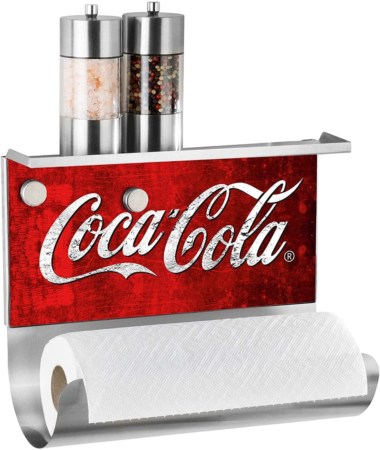 Küchen-Papier-Rollen-Halter mit Ablage für Salz-Pfeffer-Streuer oder Gewürze, magnetische Pinnwand, Motiv Coca-Cola, 14.5 x 30 x 26 cm