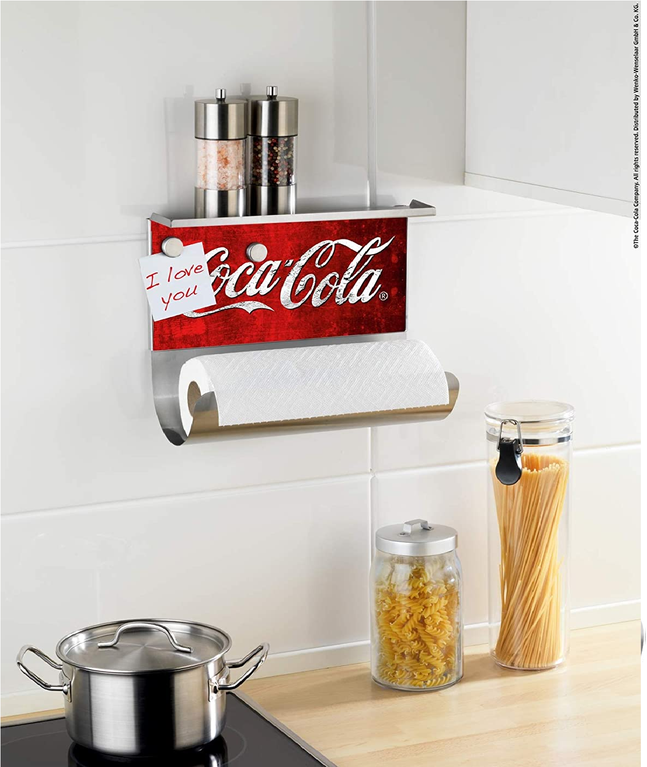 Küchen-Papier-Rollen-Halter mit Ablage für Salz-Pfeffer-Streuer oder Gewürze, magnetische Pinnwand, Motiv Coca-Cola, 14.5 x 30 x 26 cm
