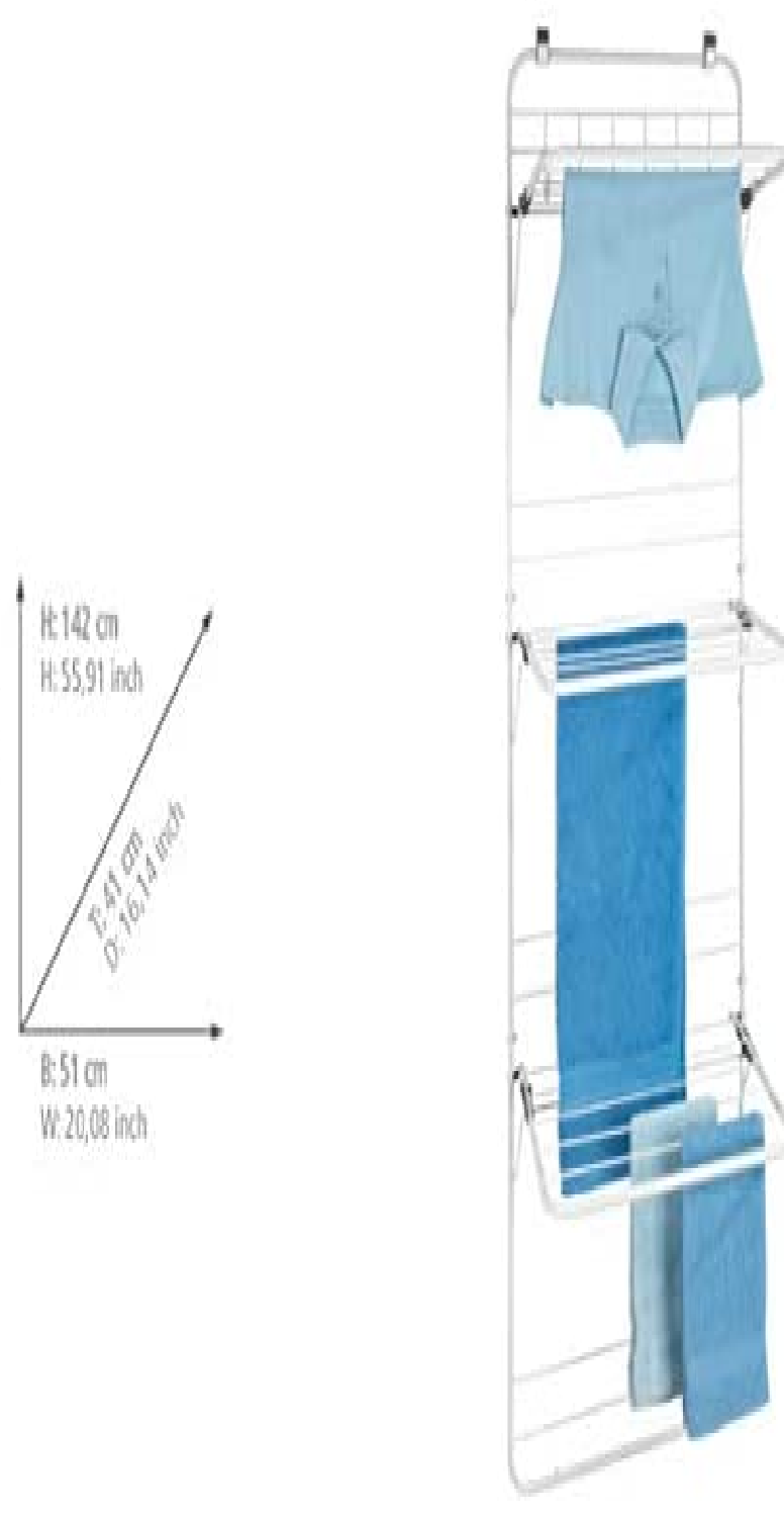 Über-Tür Wäschetrockner - Wäscheständer zum Hängen, pulverbeschichtetes Metall, 51 x 142 x 41 cm, Weiß