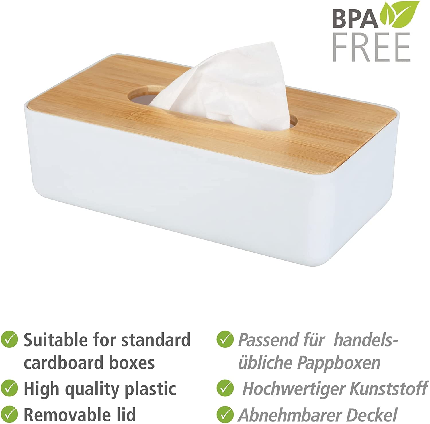 Kosmetiktuchbox Rotello, Box für Kosmetiktücher oder Taschentücher, Kunststoffbox mit Deckel aus Bambus, leichte Entnahme, zum Verstauen handelsüblicher Pappboxen, 24 x 7,5 x 12,7 cm, Weiß/Natur