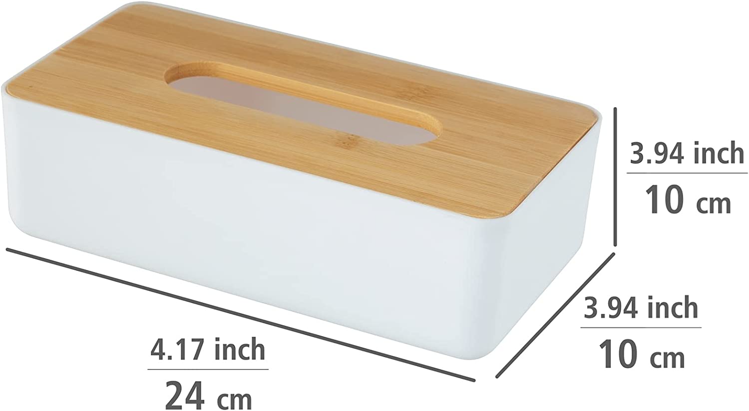 Kosmetiktuchbox Rotello, Box für Kosmetiktücher oder Taschentücher, Kunststoffbox mit Deckel aus Bambus, leichte Entnahme, zum Verstauen handelsüblicher Pappboxen, 24 x 7,5 x 12,7 cm, Weiß/Natur