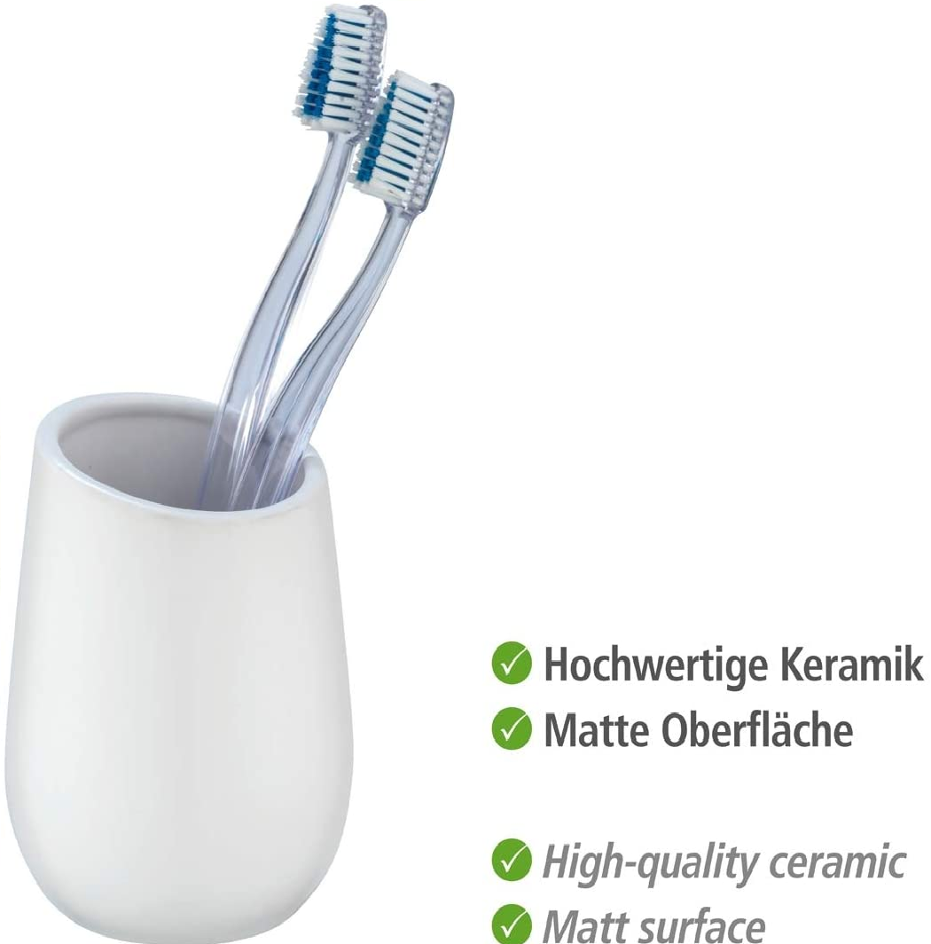 Zahnputzbecher Badi, weißer Zahnbecher aus hochwertiger Keramik mit matter Oberfläche, Zahnbürstenbecher zur Aufbewahrung von Zahnbürste und Zahnpasta, ideal für Bad & Gäste-WC, Ø 8 x 11 cm