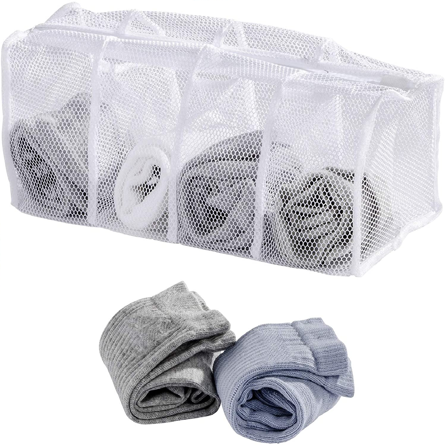 Socken-Wäschenetz mit 4 Fächern, Socken-Netz mit Reißverschluss und Abdeckung, schont die Kleidung, keine verlorenen Socken und kein Sortieren mehr, hochwertiges Polyester, 17 x 40 x 17 cm, Weiß