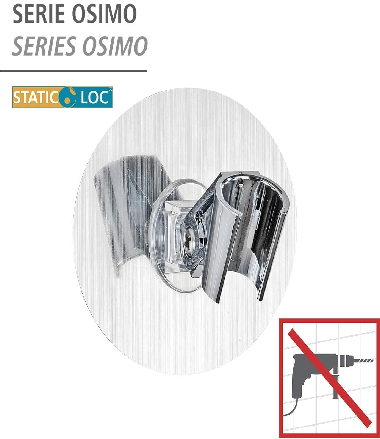 Static-Loc® Duschkopfhalter Osimo - Befestigen ohne bohren, Kunststoff (PET), 9.5 x 6.2 x 9.5 cm, Silber
