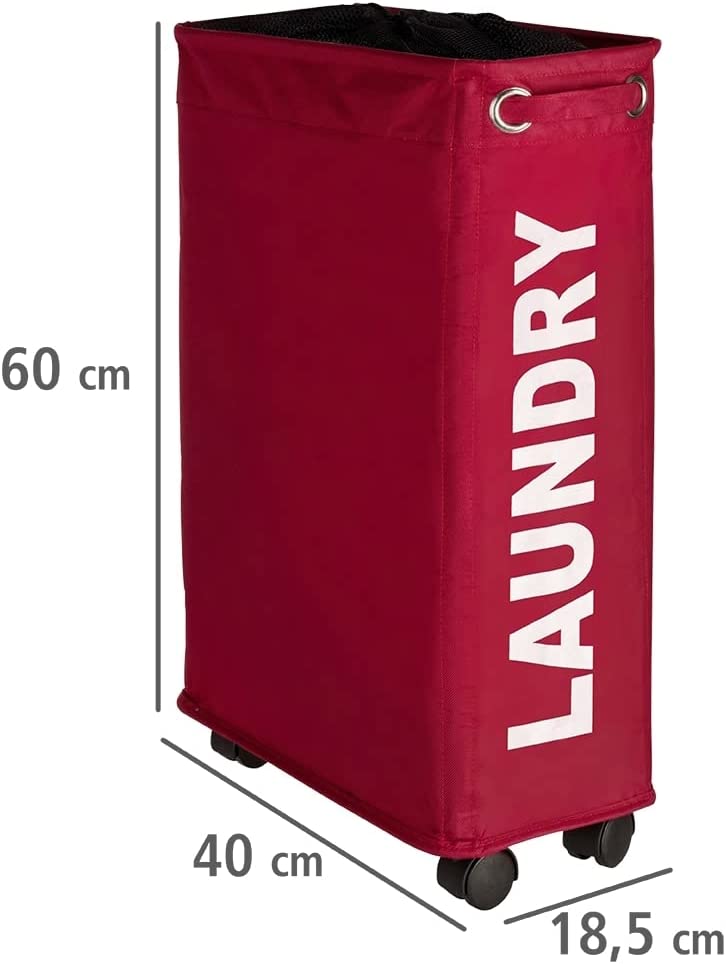 Wäschesammler Corno Rot, stabiler schmaler Wäschekorb mit vier leichtgängigen Rollen und Deckel, Wäschetruhe aus 100% Polyester, Fassungsvermögen 43 L, (B x H x T): 18,5 x 60 x 40 cm