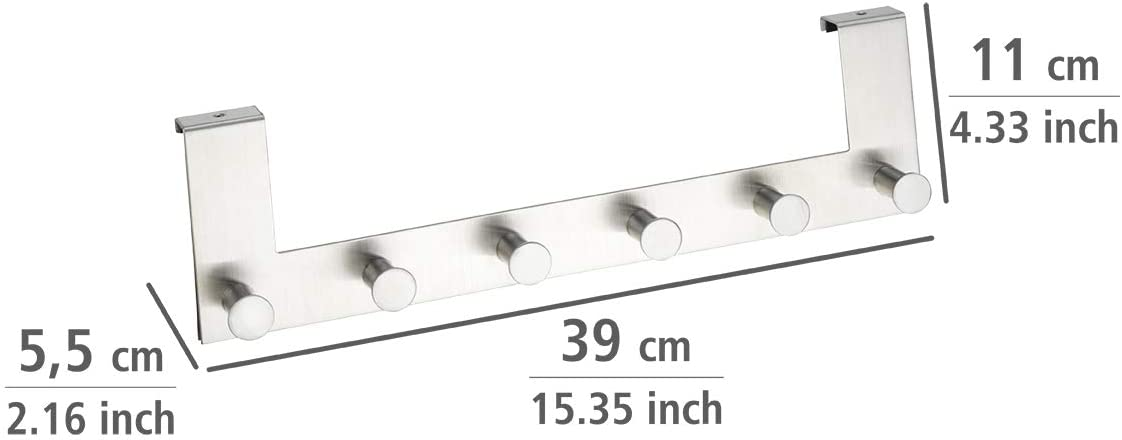 Türgarderobe Edelstahl Celano - Hakenleiste mit 6 Haken, für Türfalzstärken bis 2 cm, Edelstahl rostfrei, 39 x 11 x 5.5 cm, Matt