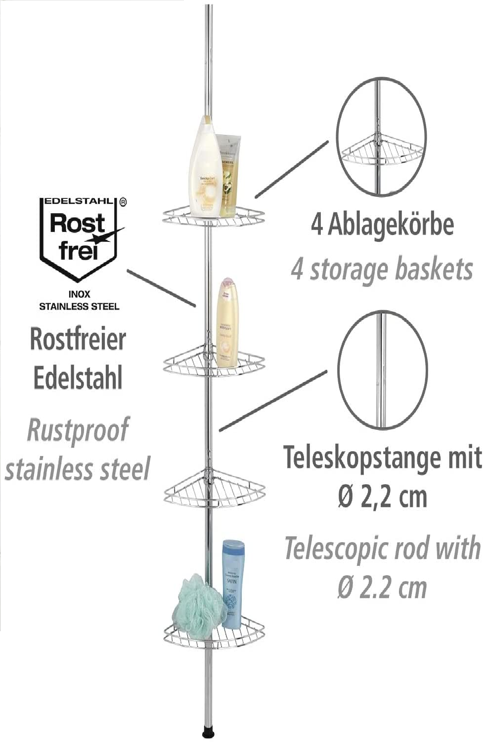Teleskop-Duschecke Prea Edelstahl - 4 Körbe, Edelstahl rostfrei, 28 x 65-275 x 20 cm, Glänzend