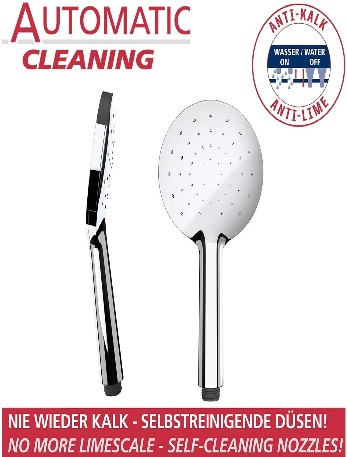 Duschkopf Automatic Cleaning Chrom Ø 12 cm, Anti-Kalk Universal-Handbrause mit automatischem Reinigungssystem