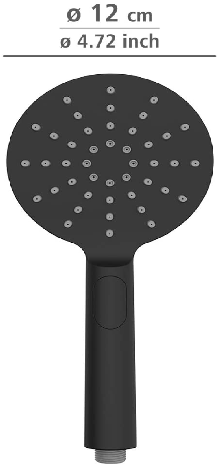 Duschkopf Design Schwarz Ø 12 cm - Universal-Handbrause, Duschbrause mit 3 Strahlarten mit komfortabler Drucktastenumstellung, Kunststoff (ABS), 12 x 12 cm, Schwarz